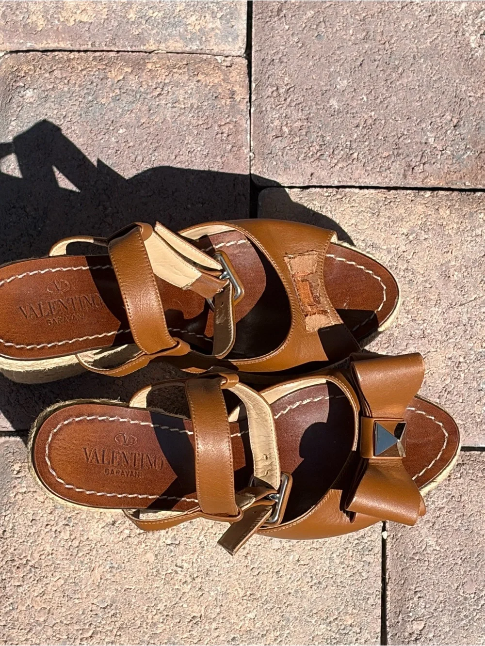 Valentino Brown Rockstud Leather Espadrille Wedge Sandals with Bow Accent
